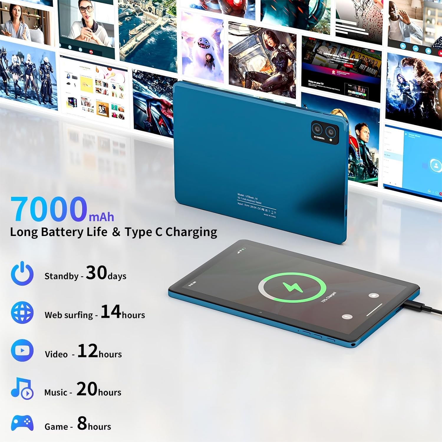 10 inch Android Tablet: Octa-Core, 7000mAh, with Stand Case, IPS HD Display, Wi-Fi 6, OTG, Metal Body – Fast & Portable Tablet for Work & Entertainment, 2-Year Protection, 8GB RAM 64GB, Android 15