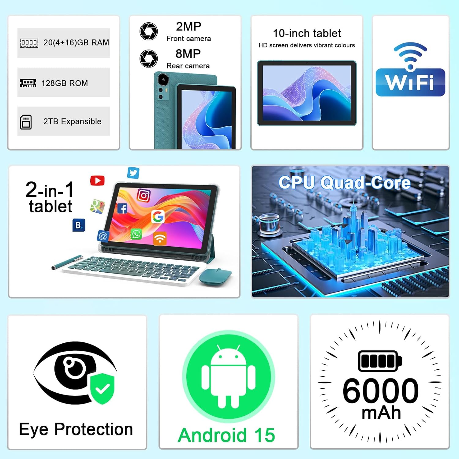 Android 15 Tablet 10 Inch, 20GB RAM+128GB ROM/ 2TB Expandable, 2.0GHz Quad-core Processor, 1280*800 HD Screen, 5G WiFi6 BT 5.0, 2 in 1 Tablets with Keyboard Case Mouse Stylus, Widevine L1 Blue