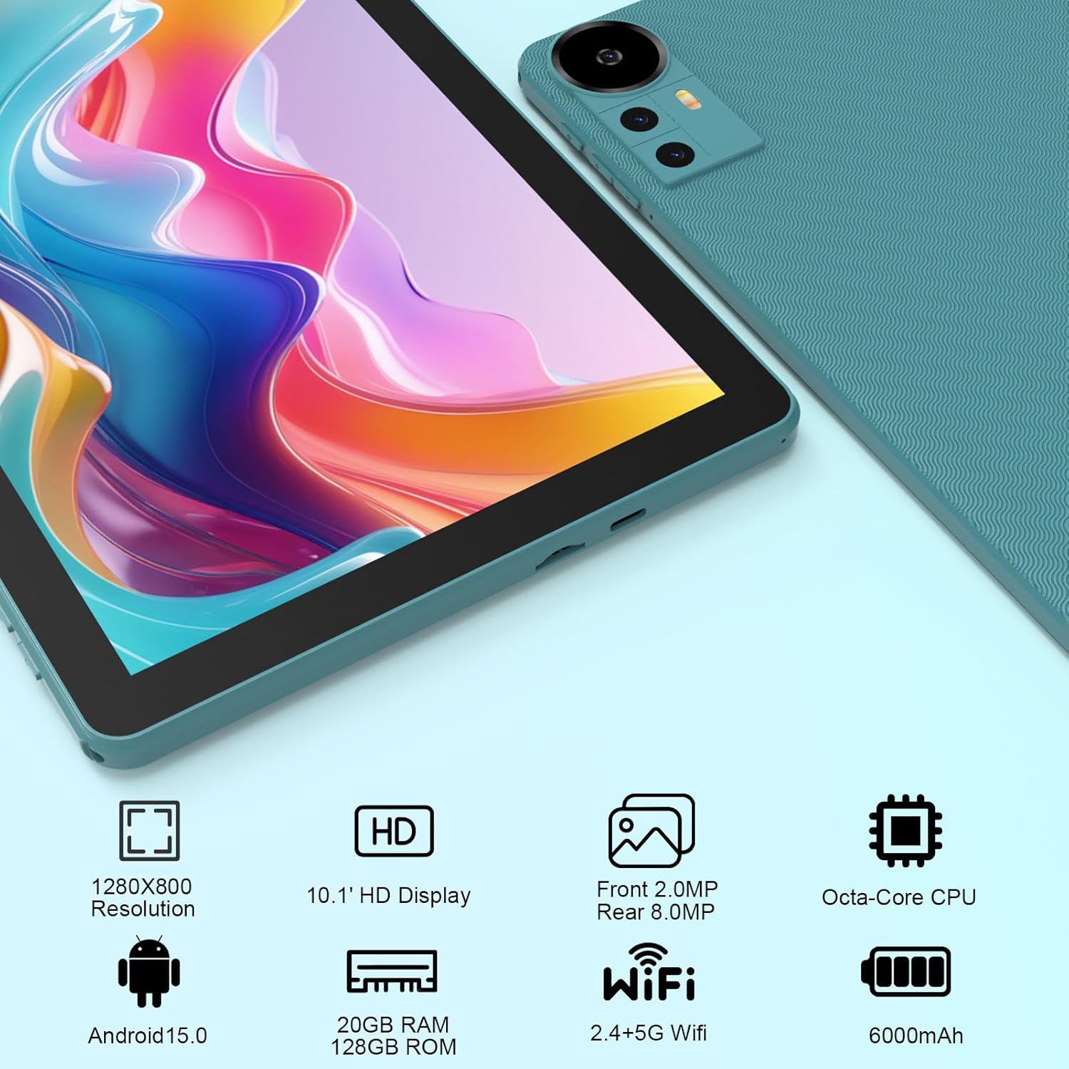 Android 15 Tablet 10 Inch, 20GB RAM+128GB ROM/ 2TB Expandable, 2.0GHz Quad-core Processor, 1280*800 HD Screen, 5G WiFi6 BT 5.0, 2 in 1 Tablets with Keyboard Case Mouse Stylus, Widevine L1 Blue