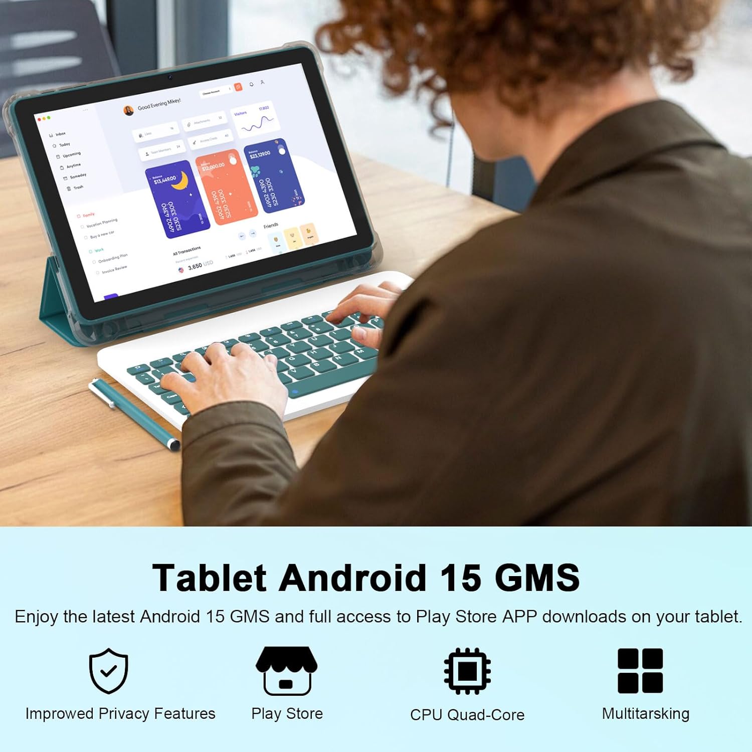 Android 15 Tablet 10 Inch, 20GB RAM+128GB ROM/ 2TB Expandable, 2.0GHz Quad-core Processor, 1280*800 HD Screen, 5G WiFi6 BT 5.0, 2 in 1 Tablets with Keyboard Case Mouse Stylus, Widevine L1 Blue