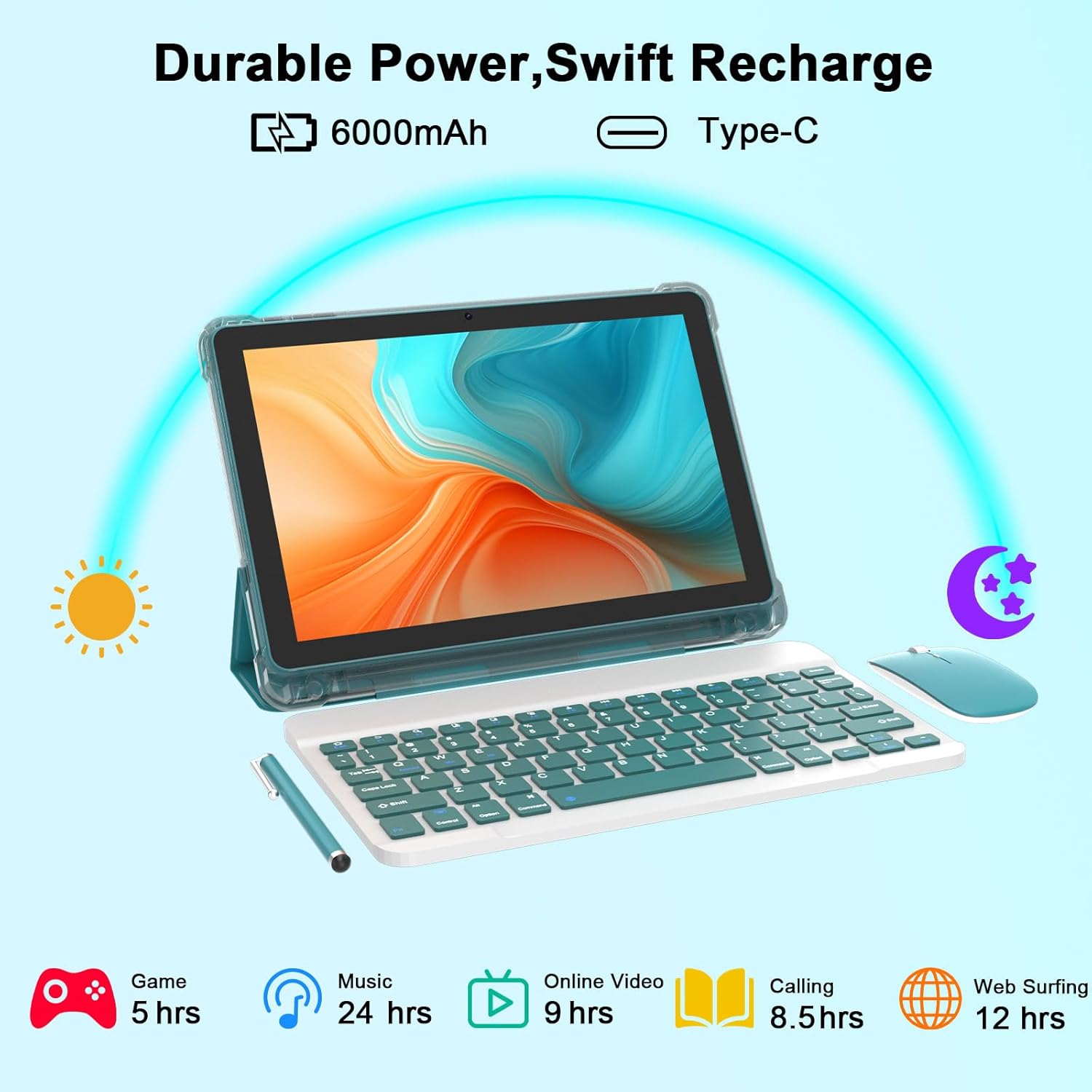 Android 15 Tablet 10 Inch, 20GB RAM+128GB ROM/ 2TB Expandable, 2.0GHz Quad-core Processor, 1280*800 HD Screen, 5G WiFi6 BT 5.0, 2 in 1 Tablets with Keyboard Case Mouse Stylus, Widevine L1 Blue