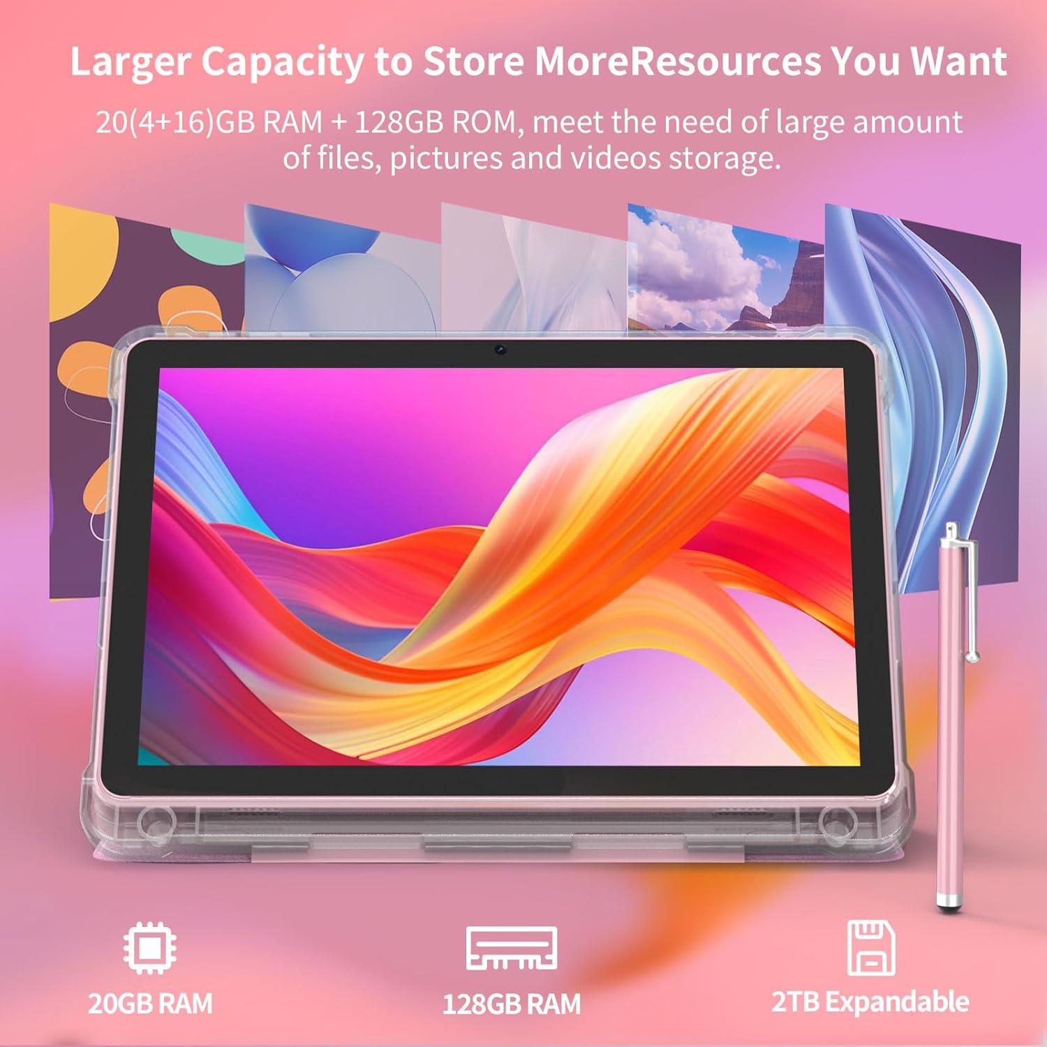 Android 15 Tablet 10 inch Tablets, 20GB RAM 128GB ROM 2TB Expand, 2.0Ghz CPU Quad-Core Processor Tablet PC with Case and Stylus, 5G WiFi6, BT5.0, 6000mAh Battery, Dual Camera, Widevine L1, GMS, Pink