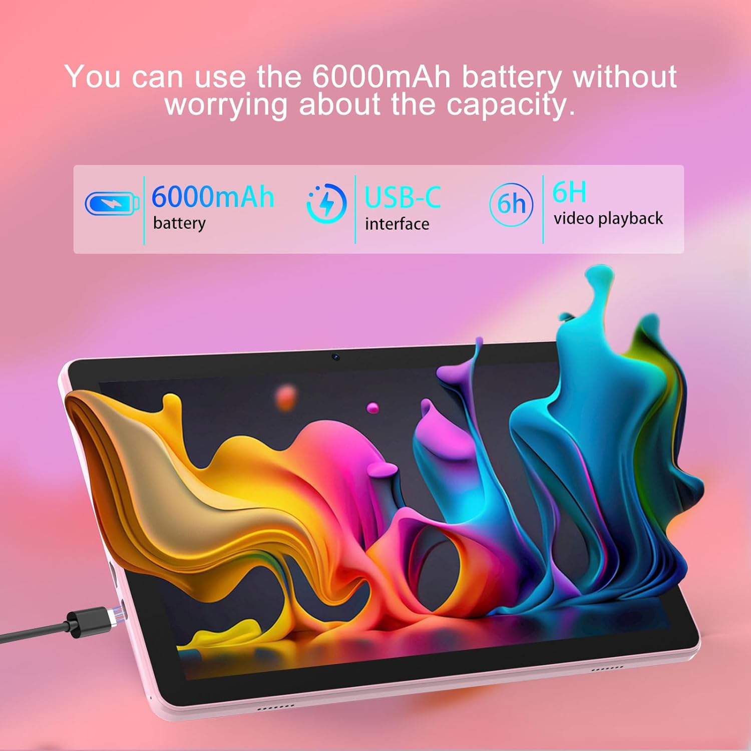 Android 15 Tablet 10 inch Tablets, 20GB RAM 128GB ROM 2TB Expand, 2.0Ghz CPU Quad-Core Processor Tablet PC with Case and Stylus, 5G WiFi6, BT5.0, 6000mAh Battery, Dual Camera, Widevine L1, GMS, Pink