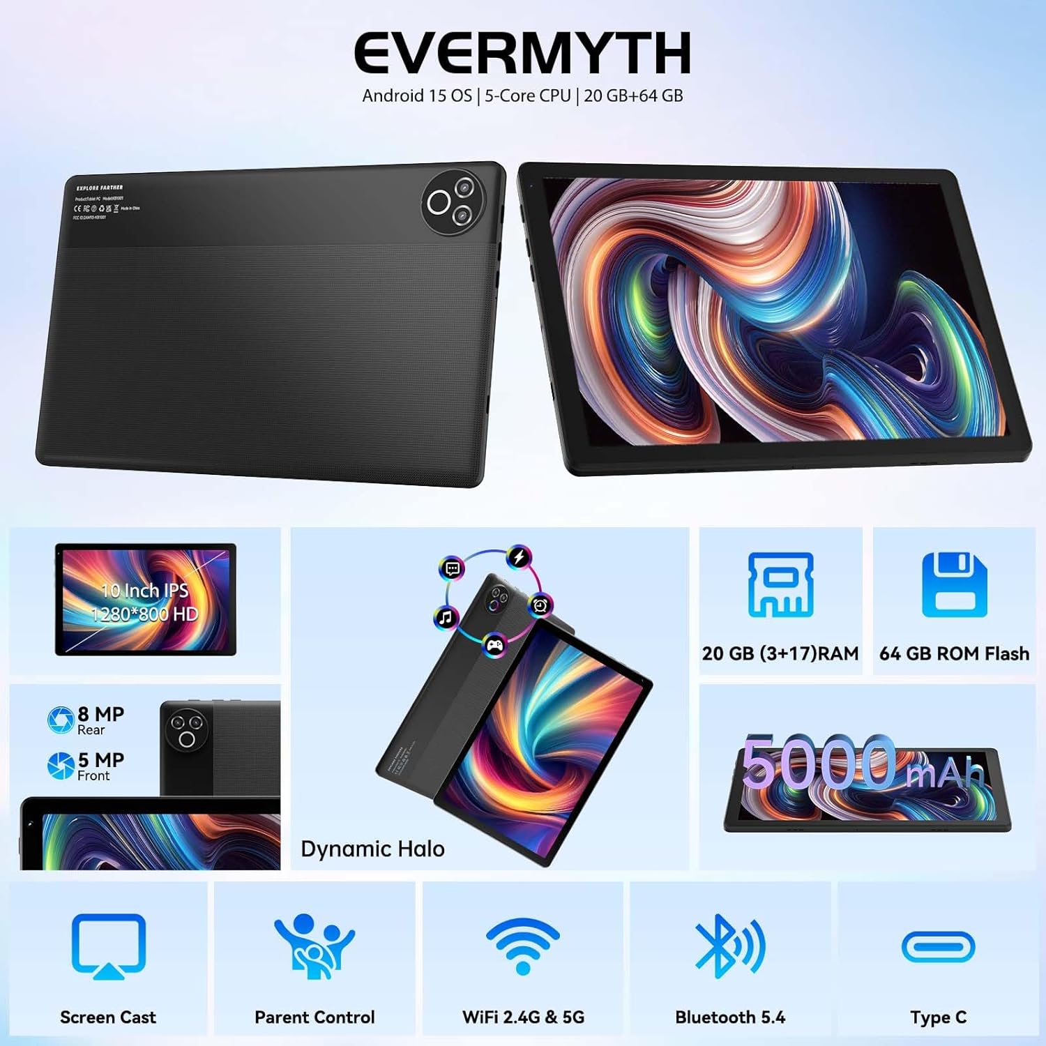 Android 15 Tablet 10 Inch, 20GB RAM 64GB ROM 1TB Expandable, Fast WiFi 6 & BT 5.4 Tablets 5-Core, HD IPS Touchscreen, 8H+ Battery, Dual Camera Portable Tablet for Kids & Adults, Gift, Streaming, Work