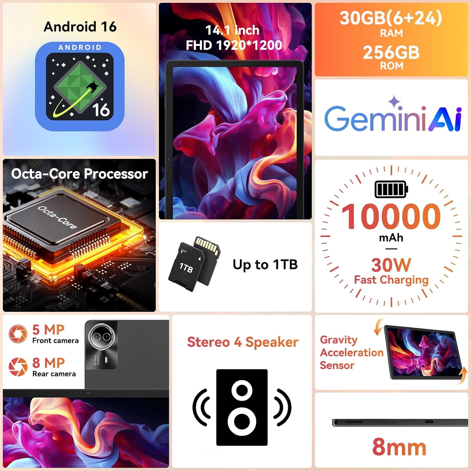 Tablet｜14 inch Android 16 Tablet｜30GB RAM 256GB ROM｜1920 * 1200 IPS FHD｜10000mAh 30W Fast Charging｜Octa-core Processor｜Wi-Fi 6, BT 5.4｜Dual Camera with Keyboard｜Mouse｜Stylus｜Case｜Headphone