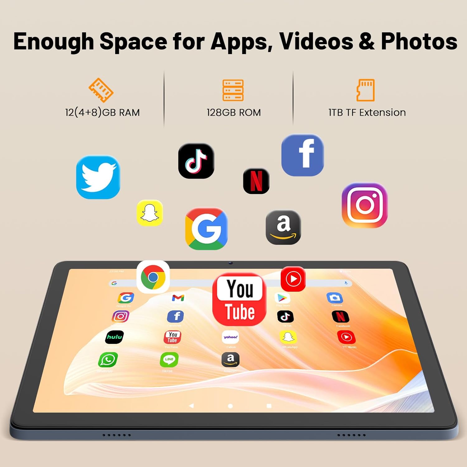 Android Tablet 10 Inch, Android 15 Tablets 2026 for Adults, Octa-Core, 12GB RAM,128GB Storage(2TB Expandable), Large Touch Screen Tablet with 10H Battery Life,WiFi & Bluetooth 5.0,Grey Blue
